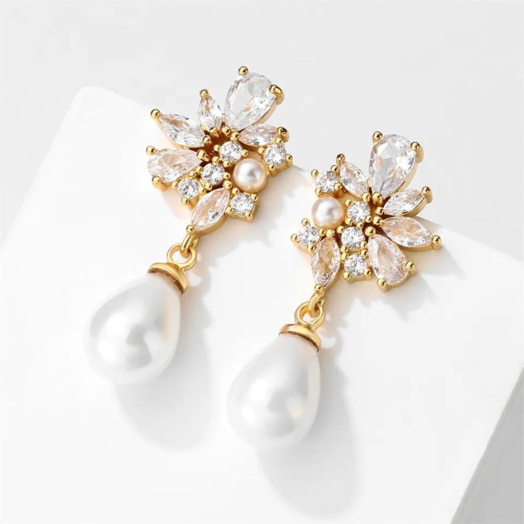Luxeli Pearl Gold Dangle Earrings, Wedding, Date Night, Formal Fashion Jewelry